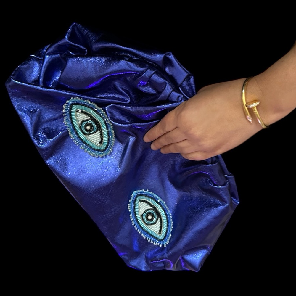 Original one of a kind evil eye blue metallic clutch bag